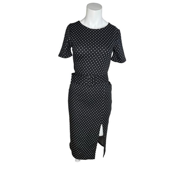 Zara Dress Women's Small Black Short Sleeve Belted Polka Dot Midi - Picture 1 of 4